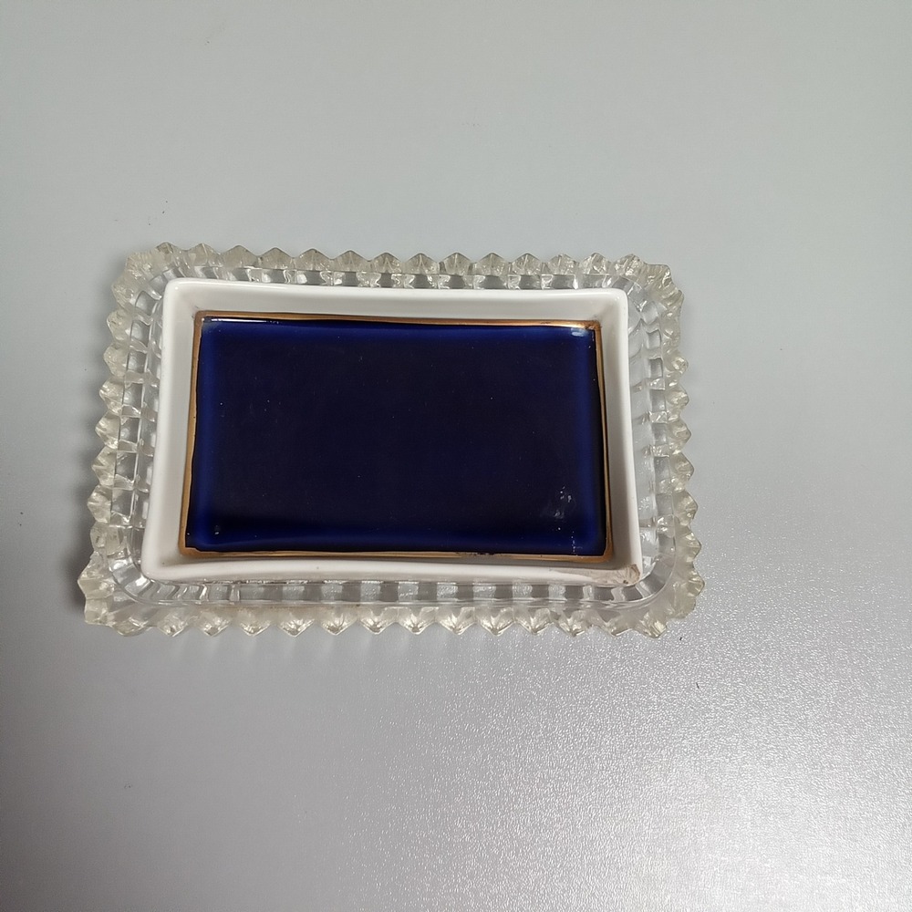 Vintage FBS Czechoslovakia Cobalt Blue‎ Hand Painted Glass Trinket Dish Set